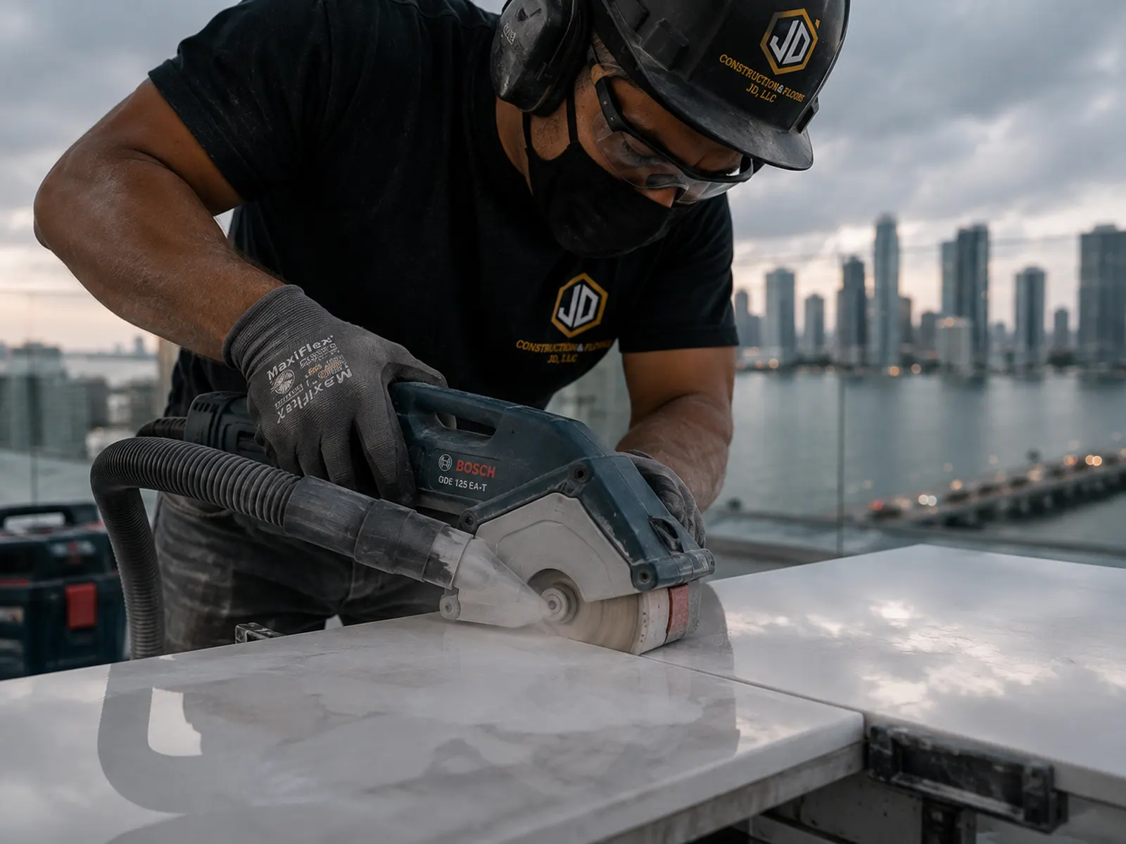 Corte de porcelánico de gran formato en obra, con el skyline de Miami al fondo