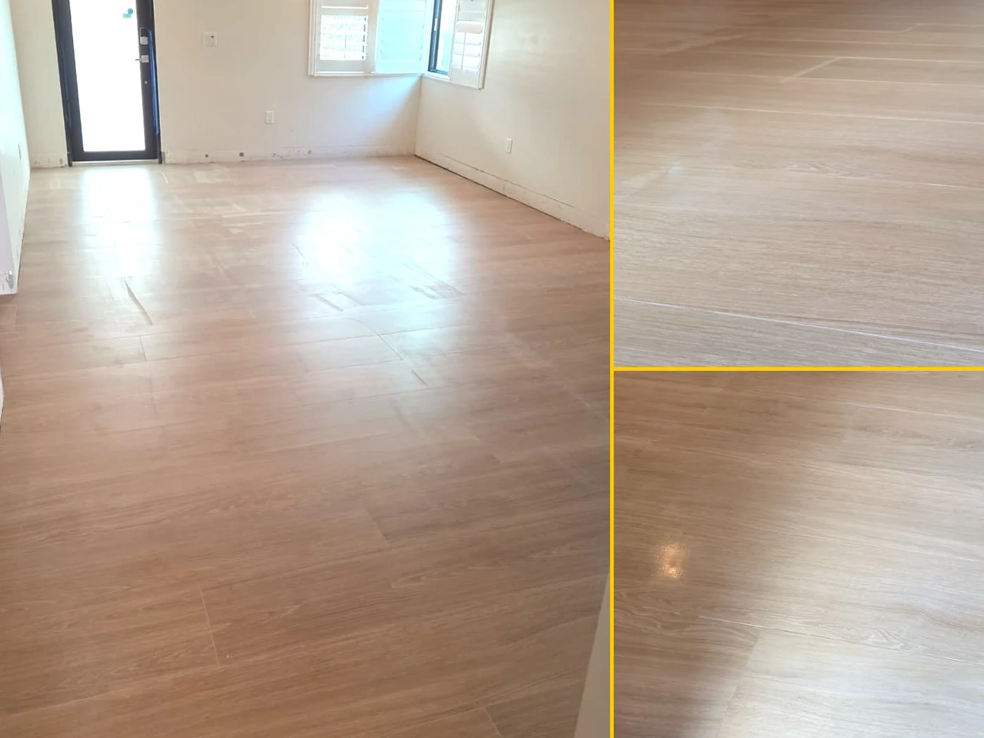 Piso porcelánico estilo madera instalado, tres vistas de la misma obra en Miami-Dade